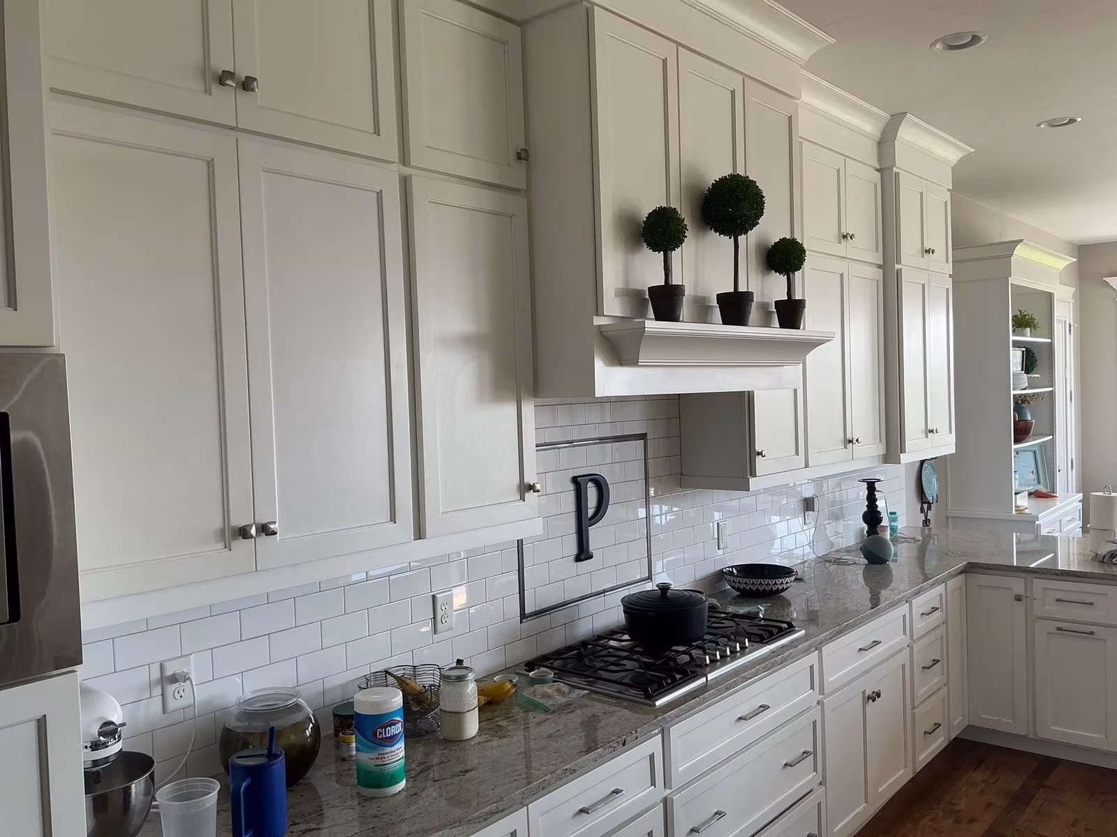 Modern kitchen with white cabinets, granite countertops, decorative topiaries, and a gas stove, illustrating a clean and inviting space for interior house painting and home improvement.
