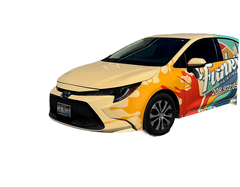 Funky Painting branded vehicle showcasing vibrant colors and contact information, representing painting services in Boise, Idaho.