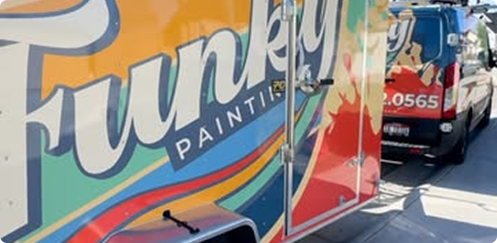 Funky Painting branded trailer and van showcasing vibrant colors and contact information for painting services in Star, Idaho.