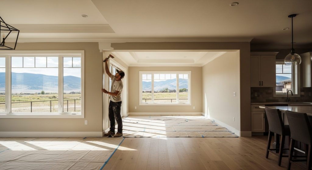 Painter brushing along a wall corner in an empty open-plan room with covered floors and large windows facing hills