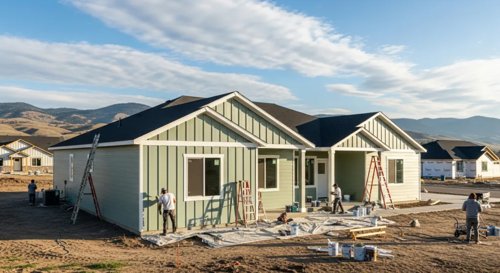 Painters working on a new single-story home with sage green siding, with ladders and paint buckets on the dirt lot