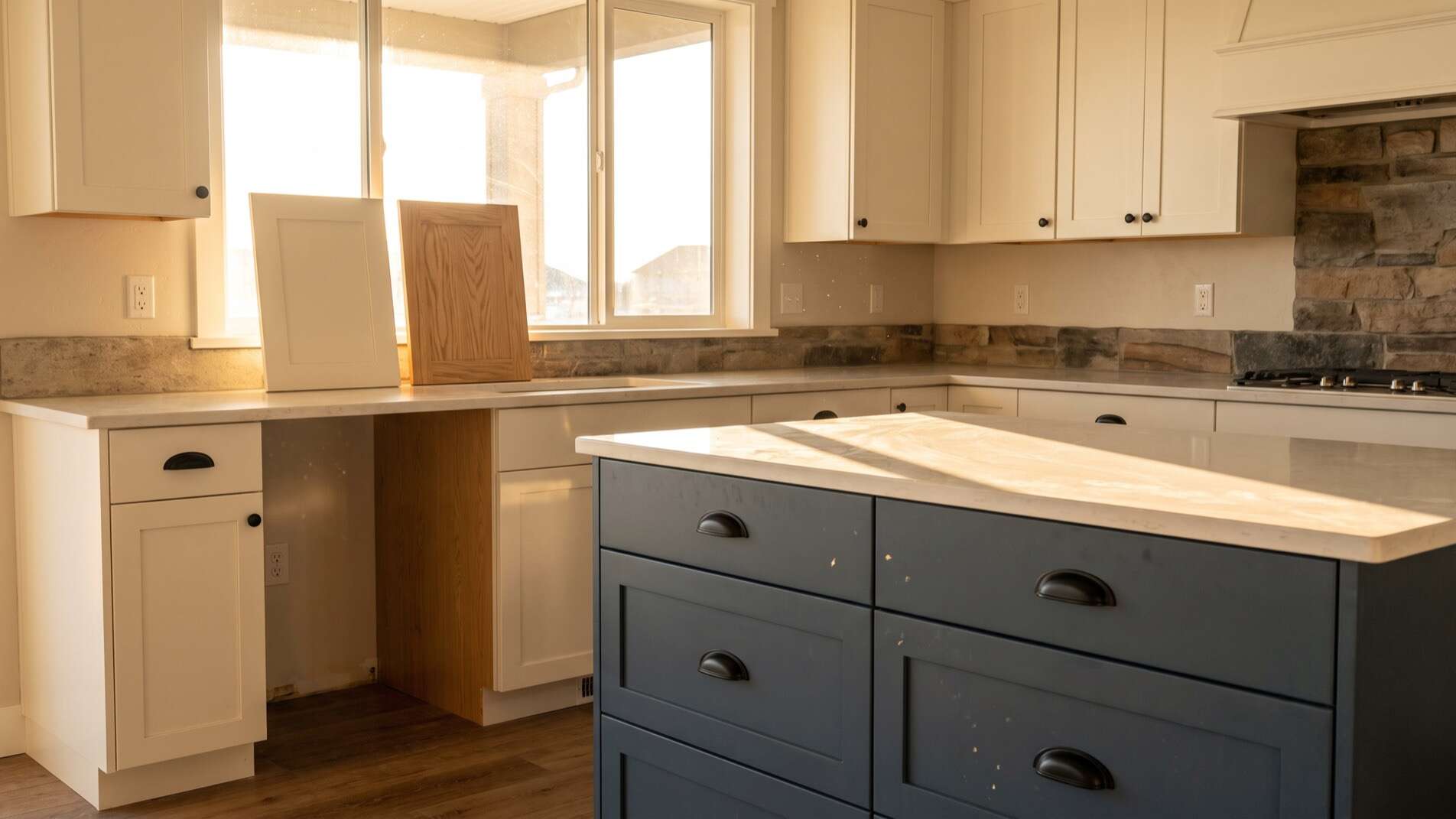Warm white cabinets and a navy island with black hardware in an Eagle Idaho kitchen