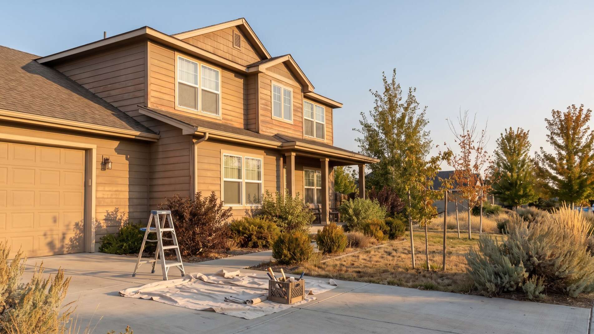Fiber cement siding on a Meridian, Idaho home prepped for fall exterior painting