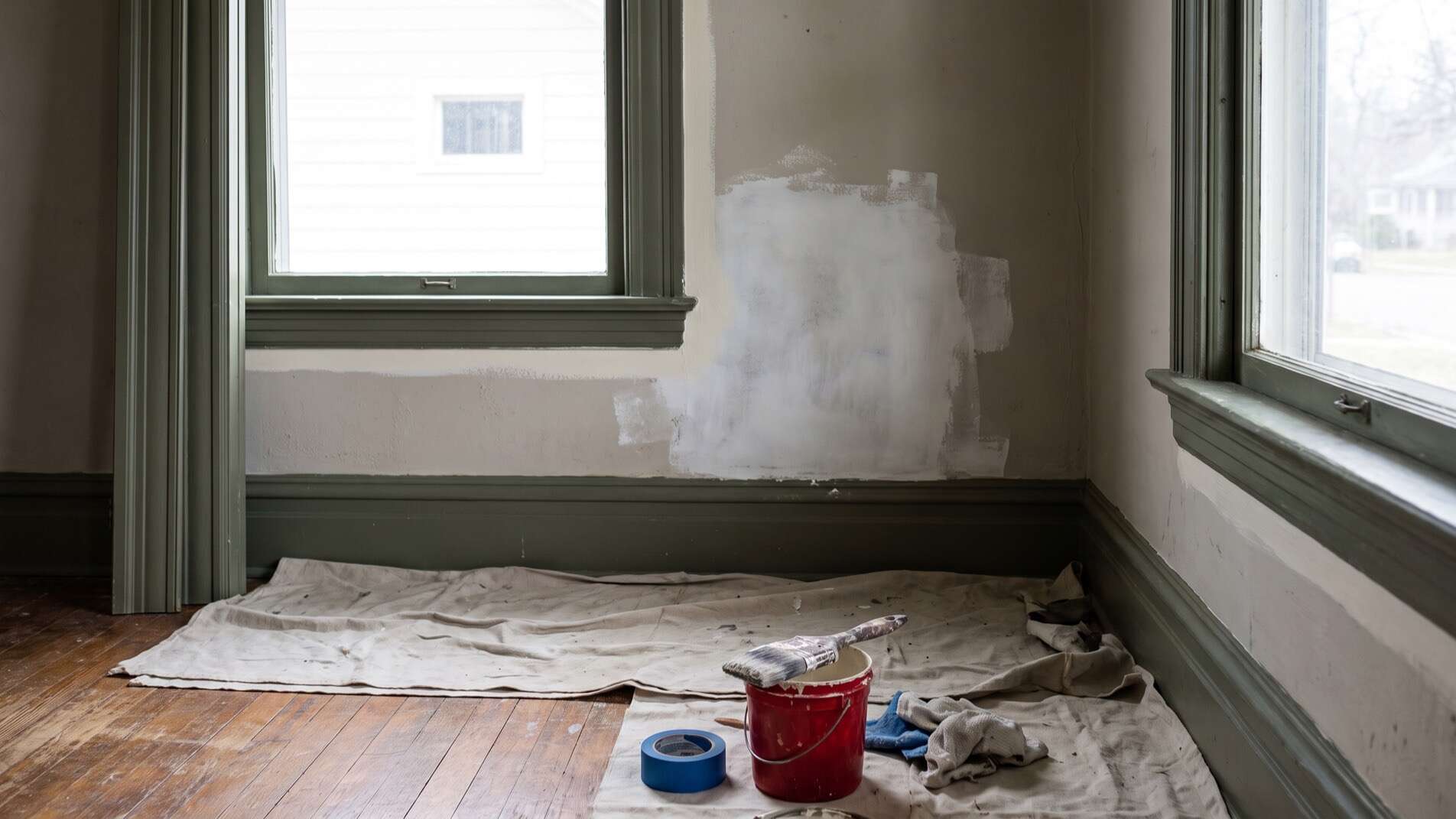 Repaired plaster wall and original fir trim mid-repaint in a North End Boise home